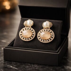 Gold-Tone Pearl & Peach Stone Drop Earrings